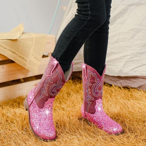 Kids Pink Sequins Boots Glitter Toddler Little Big Mid Calf Western Riding Shoes - Picture 3 of 7
